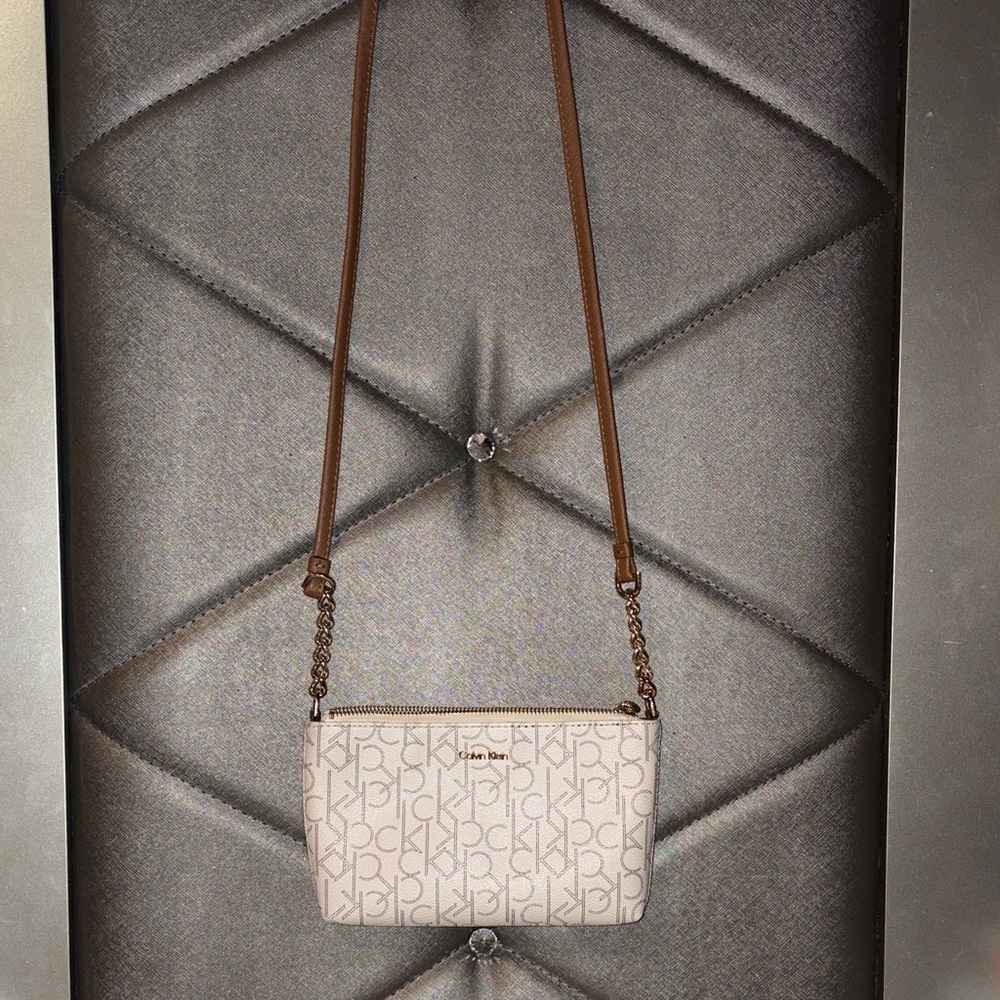 Calvin Klein Beige and Brown Logo Crossbody Bag